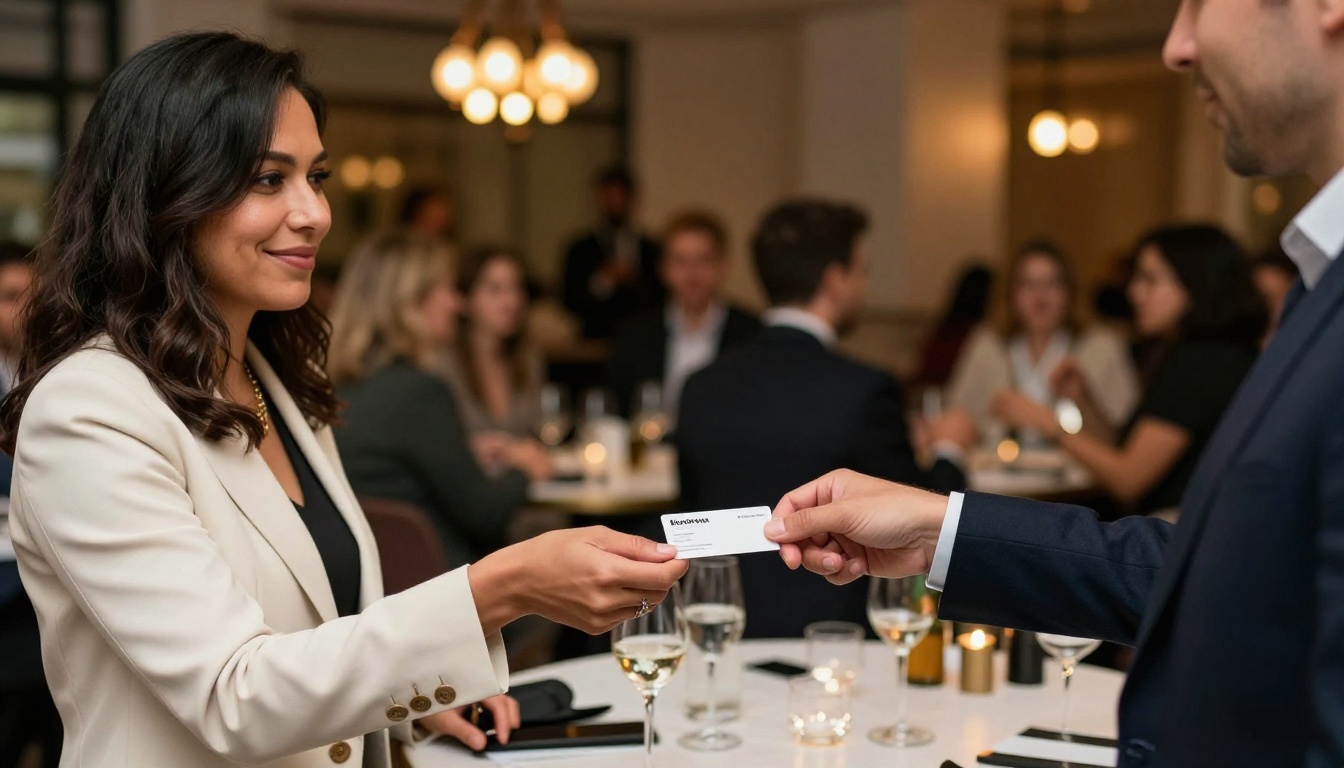 Professional woman in cream blazer handing a business card at a networking event
