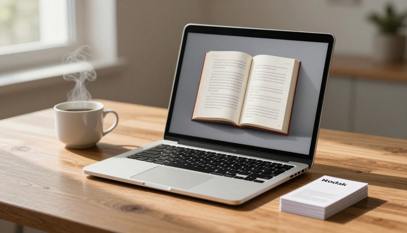MacBook showing a digital flipbook on screen with a neat stack of business cards on a warm wooden desk