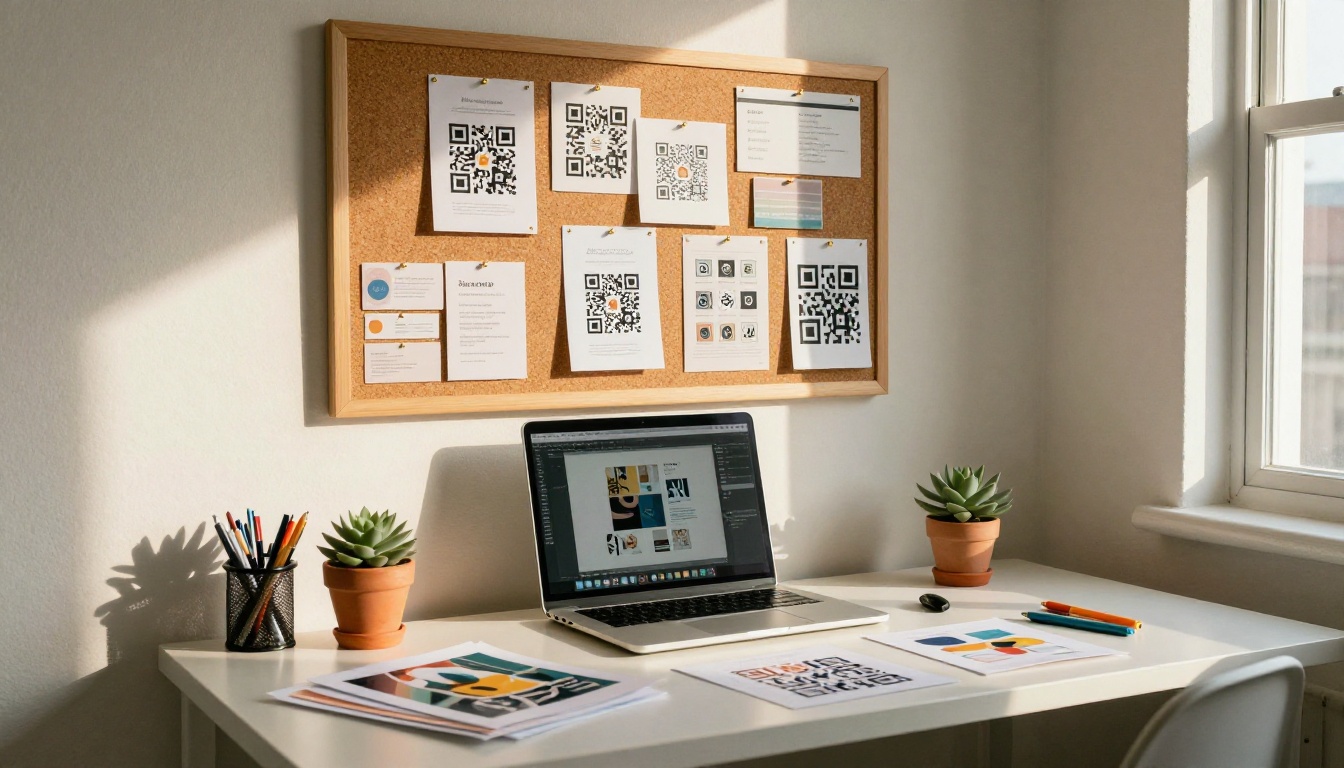 Creative freelancer's desk with cork board showing business card designs and QR code prints pinned up