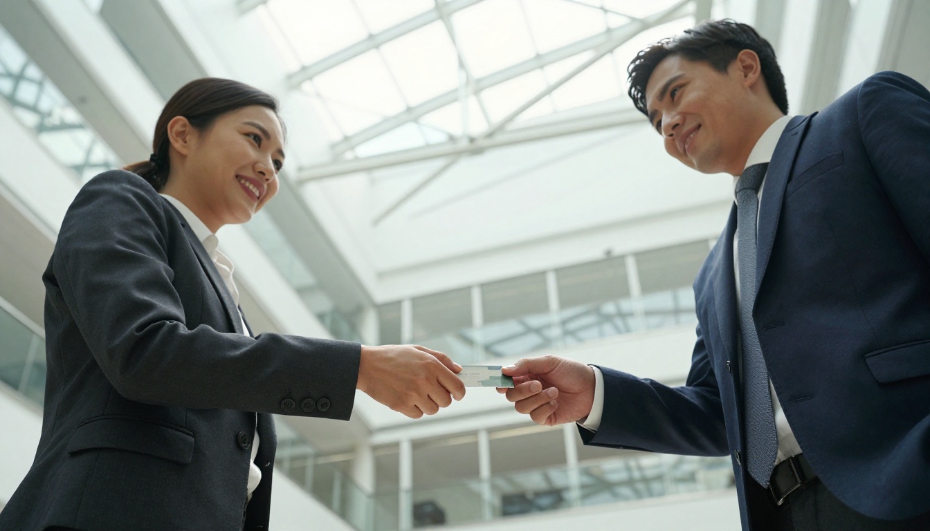 Two business professionals in an office atrium shaking hands, one extending a business card between their fingers