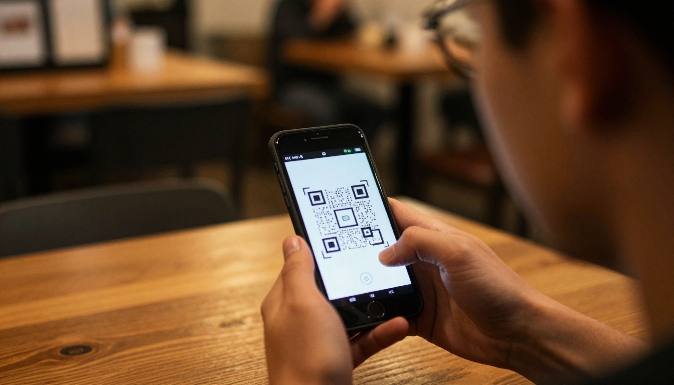 Person scanning a business card QR code with a smartphone at a warmly lit coffee shop