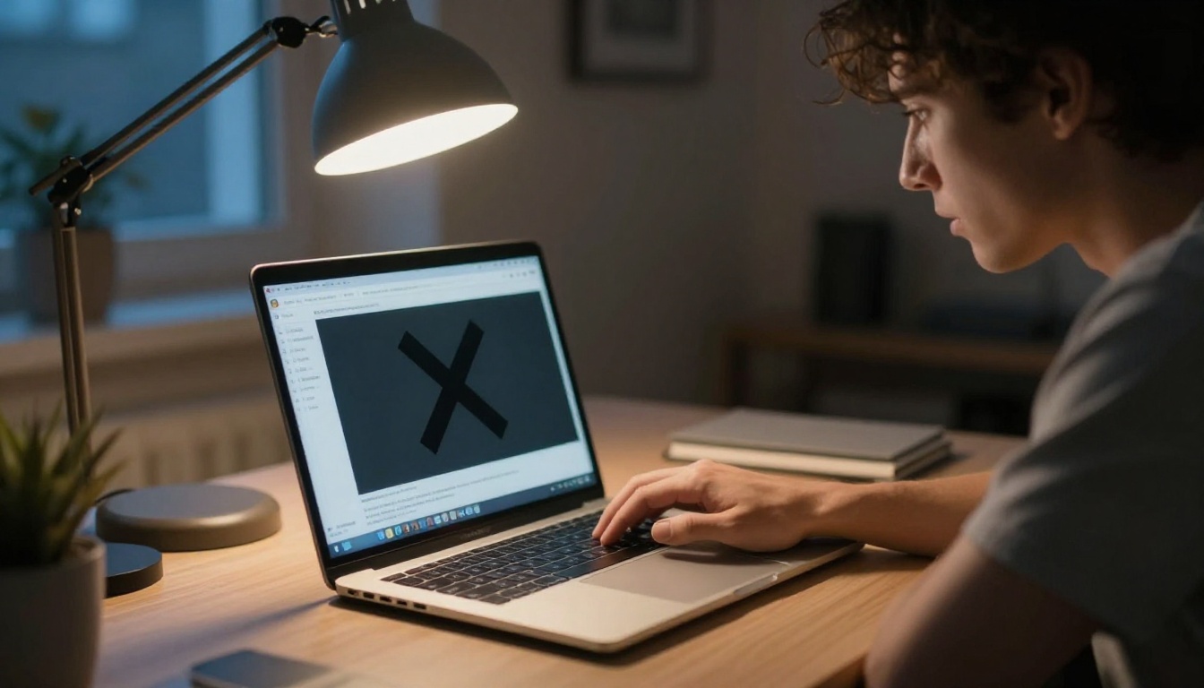 Person frustrated at laptop showing broken link preview on X with no thumbnail card, dusk home office lighting