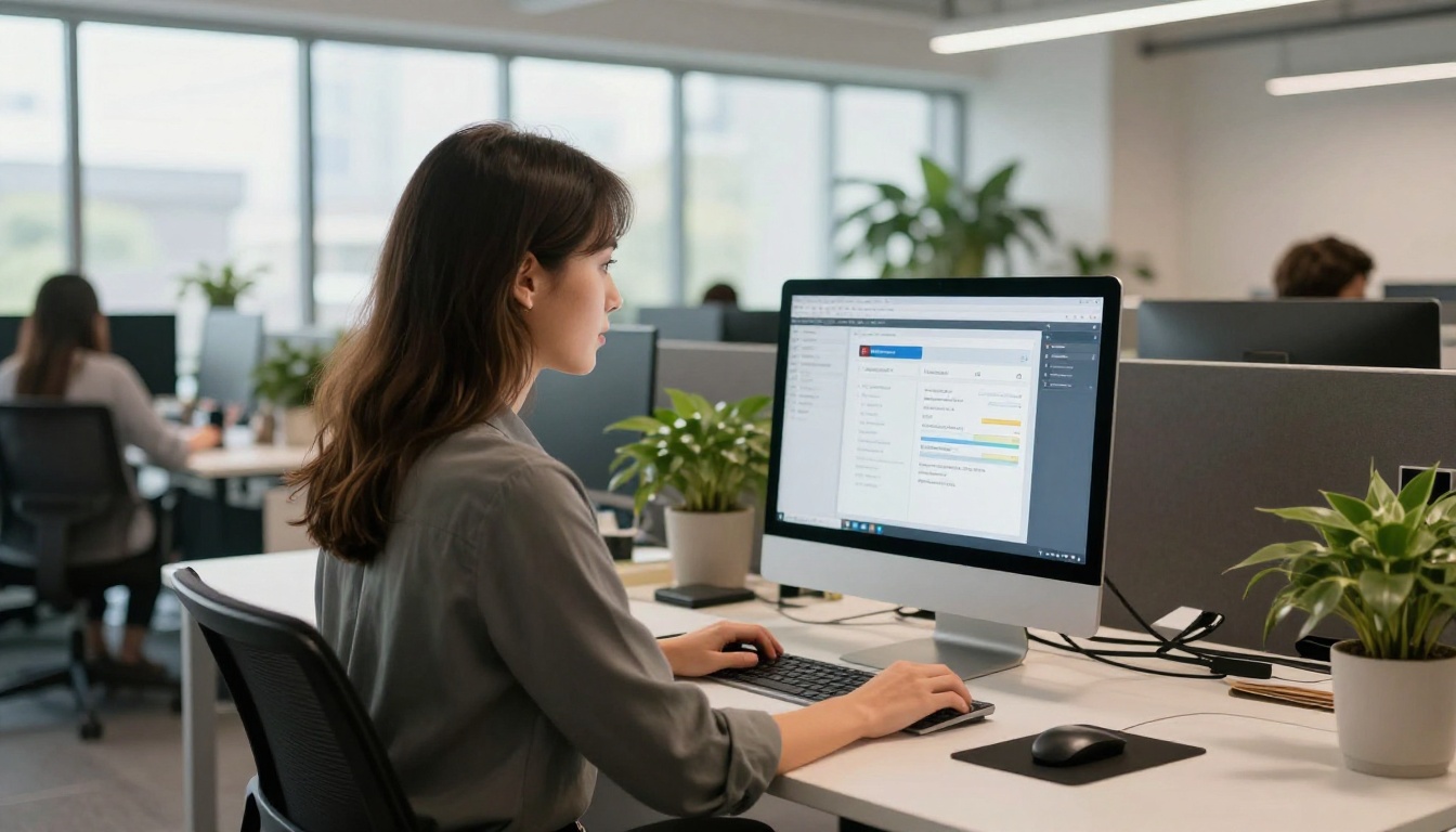 Young professional woman at standing desk adjusting sharing settings on large monitor in bright modern office