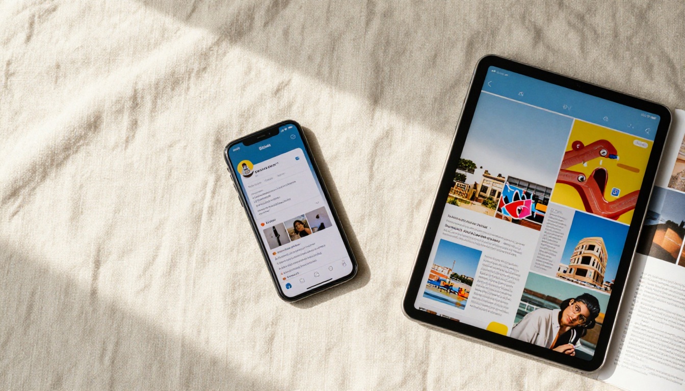 Overhead flat lay of smartphone, tablet, and printed magazine on cream linen surface with soft diffused window light