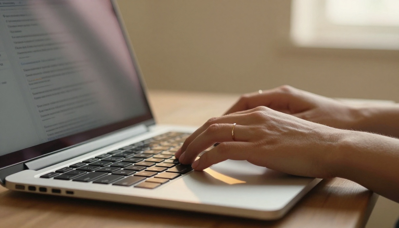 Close-up of woman's hands typing on aluminum laptop keyboard with warm afternoon side light, social media compose box visible