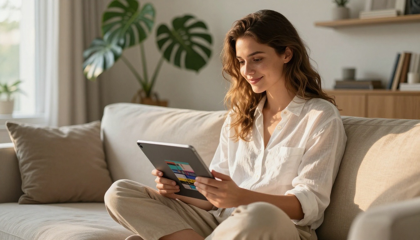 Stylish woman sitting cross-legged on cream linen sofa holding tablet with colorful digital publication, warm afternoon light