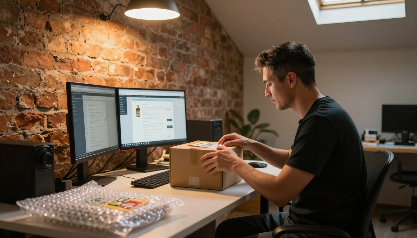 Seller packing artisan products at standing desk with marketplace dashboard visible on dual monitors, warm industrial loft, low angle, Kodak Portra 400 grain