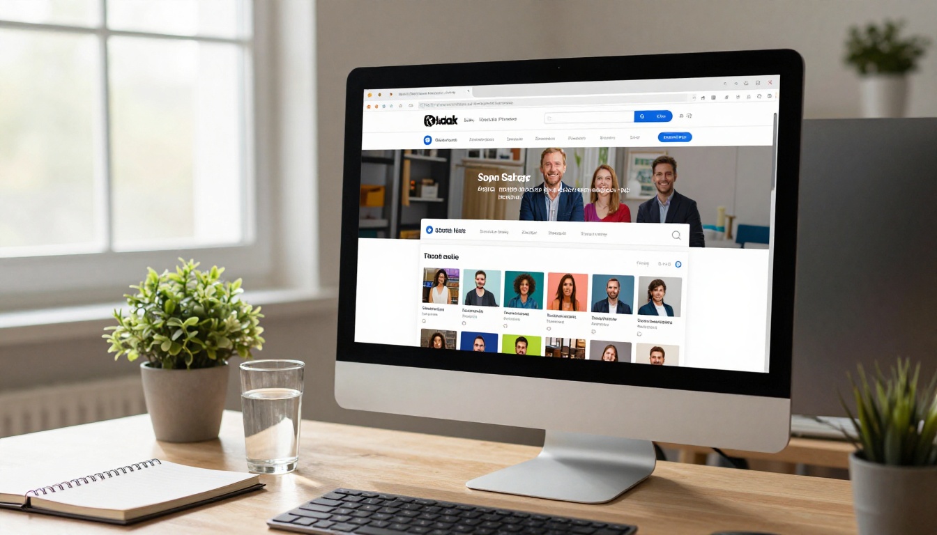 Desktop monitor in clean home office showing social media sharing settings with colorful thumbnail preview card visible