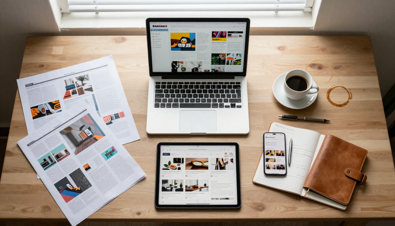 Aerial overhead view of creative workspace with laptop, scattered magazine pages, tablet with digital flipbook, and smartphone