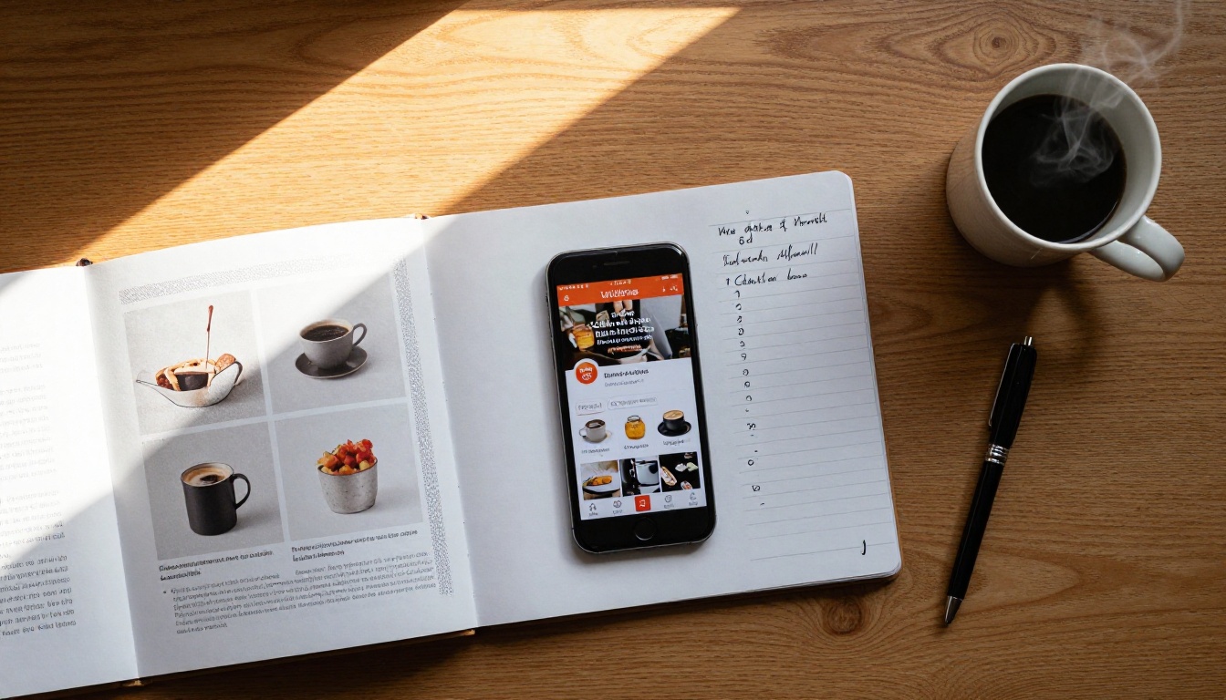 Aerial flat-lay of wooden desk with smartphone showing online shop, open printed catalog with halftone pages, spiral notebook, coffee mug, morning light diagonal shadows