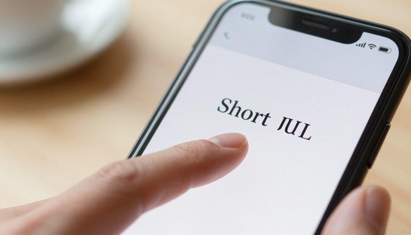 Close-up of a thumb hovering over a smartphone screen showing a clean minimal short URL in sharp focus