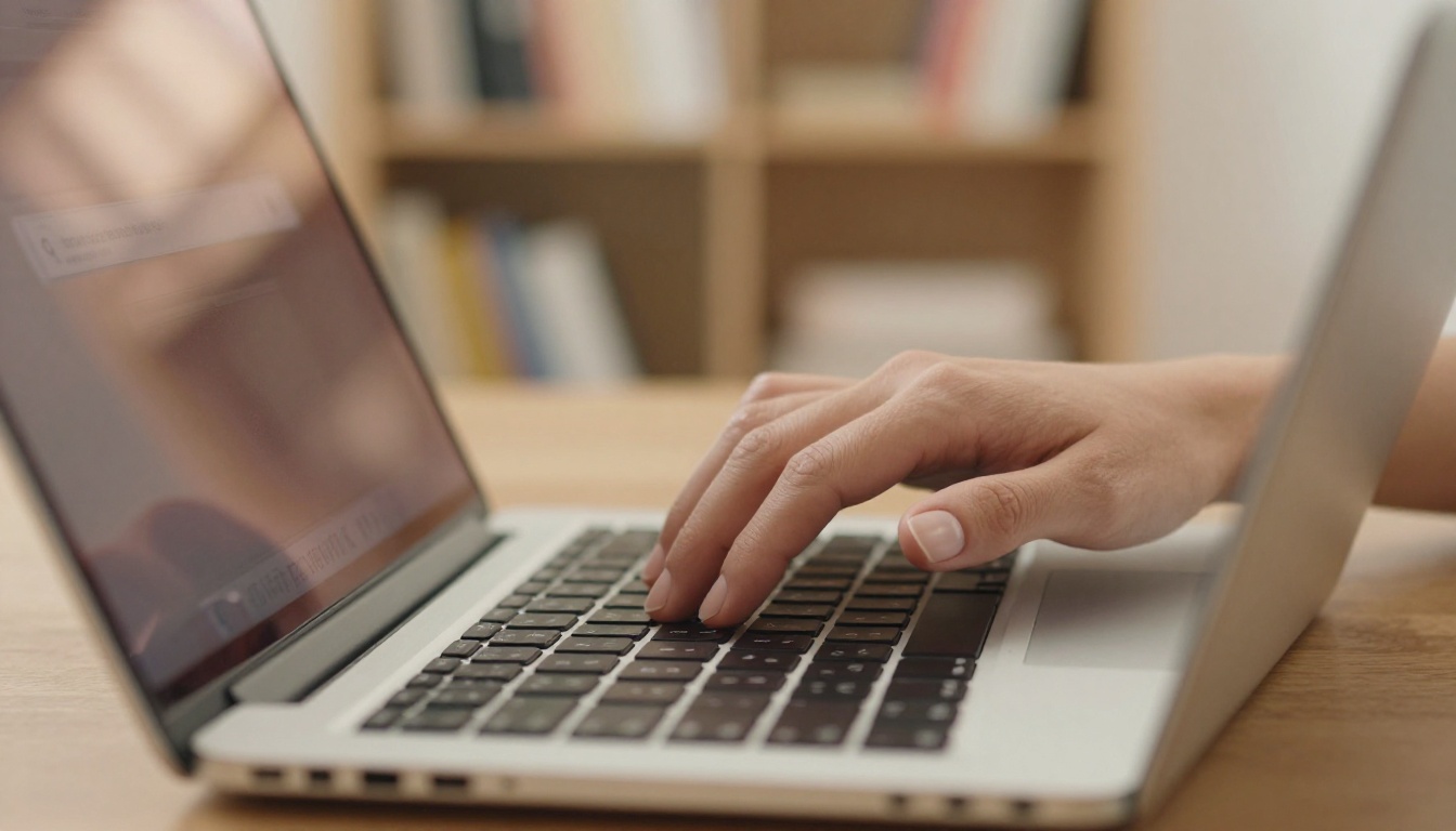 Close-up of woman's hands typing a URL into a laptop browser address bar, shallow depth of field, warm residential bokeh background, 105mm macro lens, Kodak Portra 400 grain