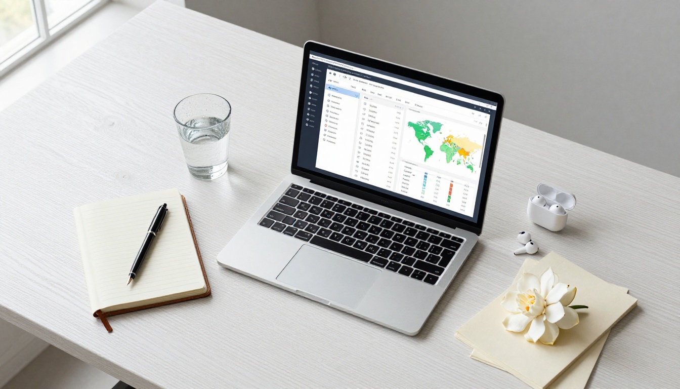 Aerial flat-lay of a workspace with an analytics dashboard on a laptop showing link clicks and geographic data