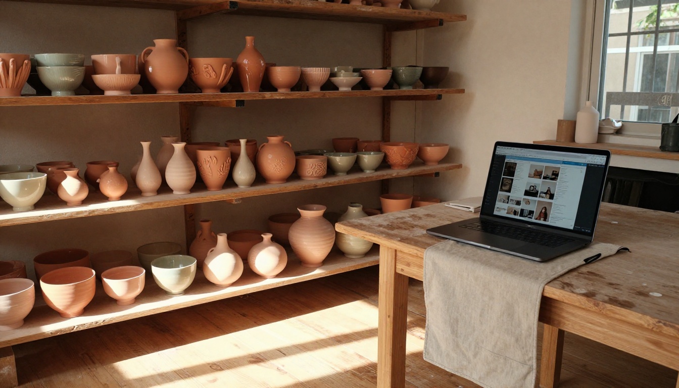 Woman arranging handmade glazed ceramic bowls in artisan workshop, laptop showing digital catalog on workbench, warm afternoon window light, 28mm lens, Kodak Portra 400 grain