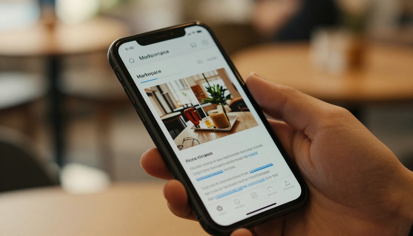 Close-up of woman holding smartphone showing marketplace product listing with visible blue catalog hyperlink, warm outdoor café bokeh background, 85mm telephoto lens