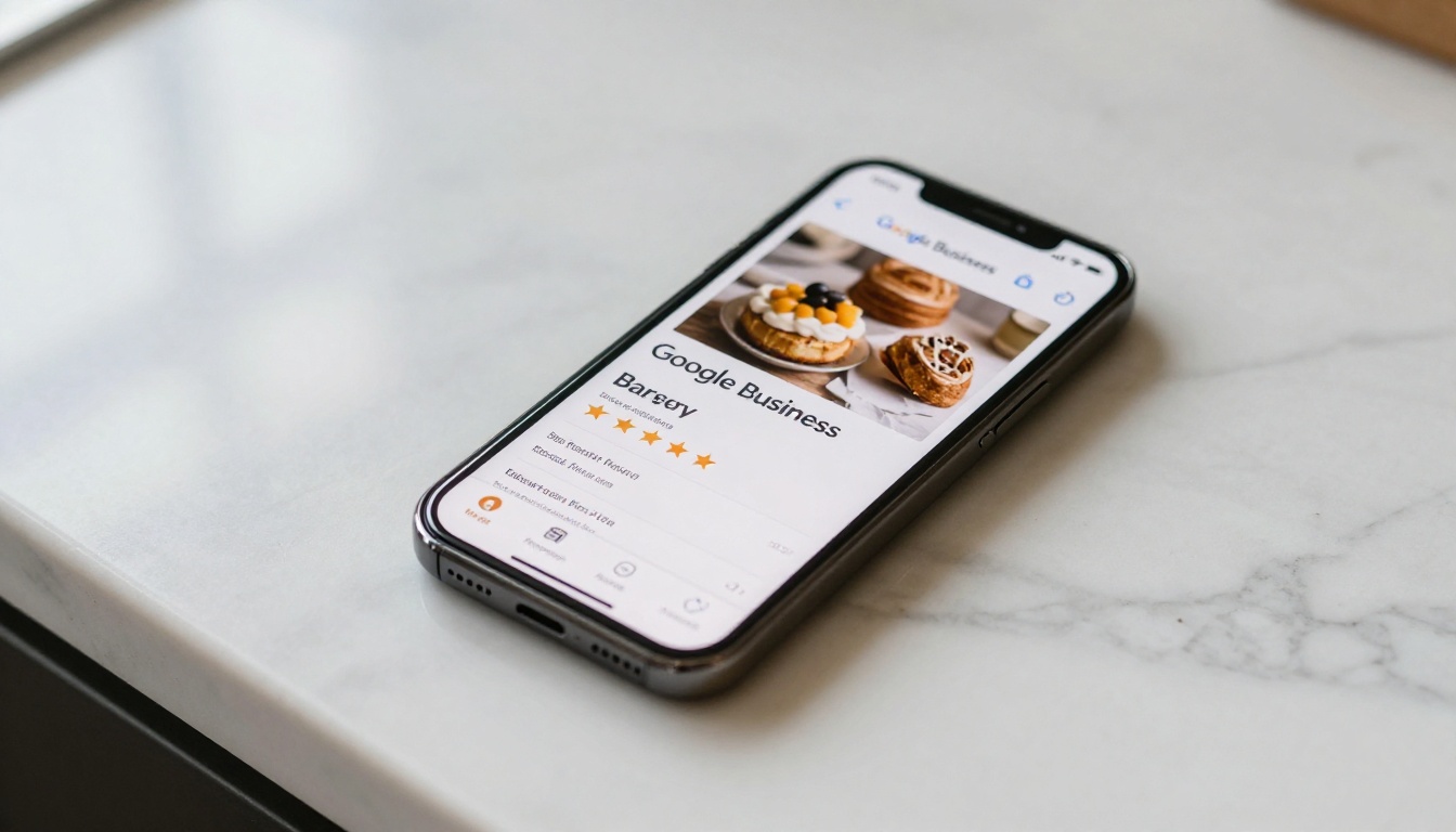 A smartphone displaying a local business Google Maps profile resting on a marble counter