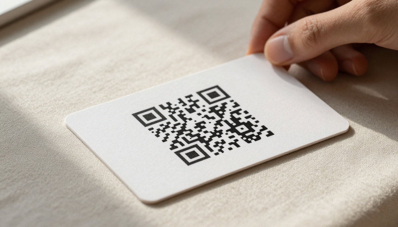 Premium matte business card with a clean QR code printed on a textured cream linen tablecloth in raking natural light