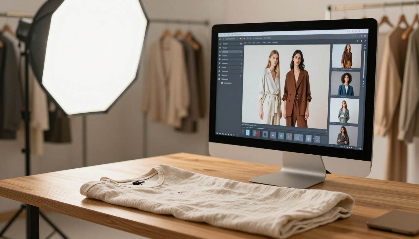 Fashion seller folding linen garment in clothing studio with digital product catalog visible on large monitor behind, warm studio softbox lighting from the left, 50mm lens