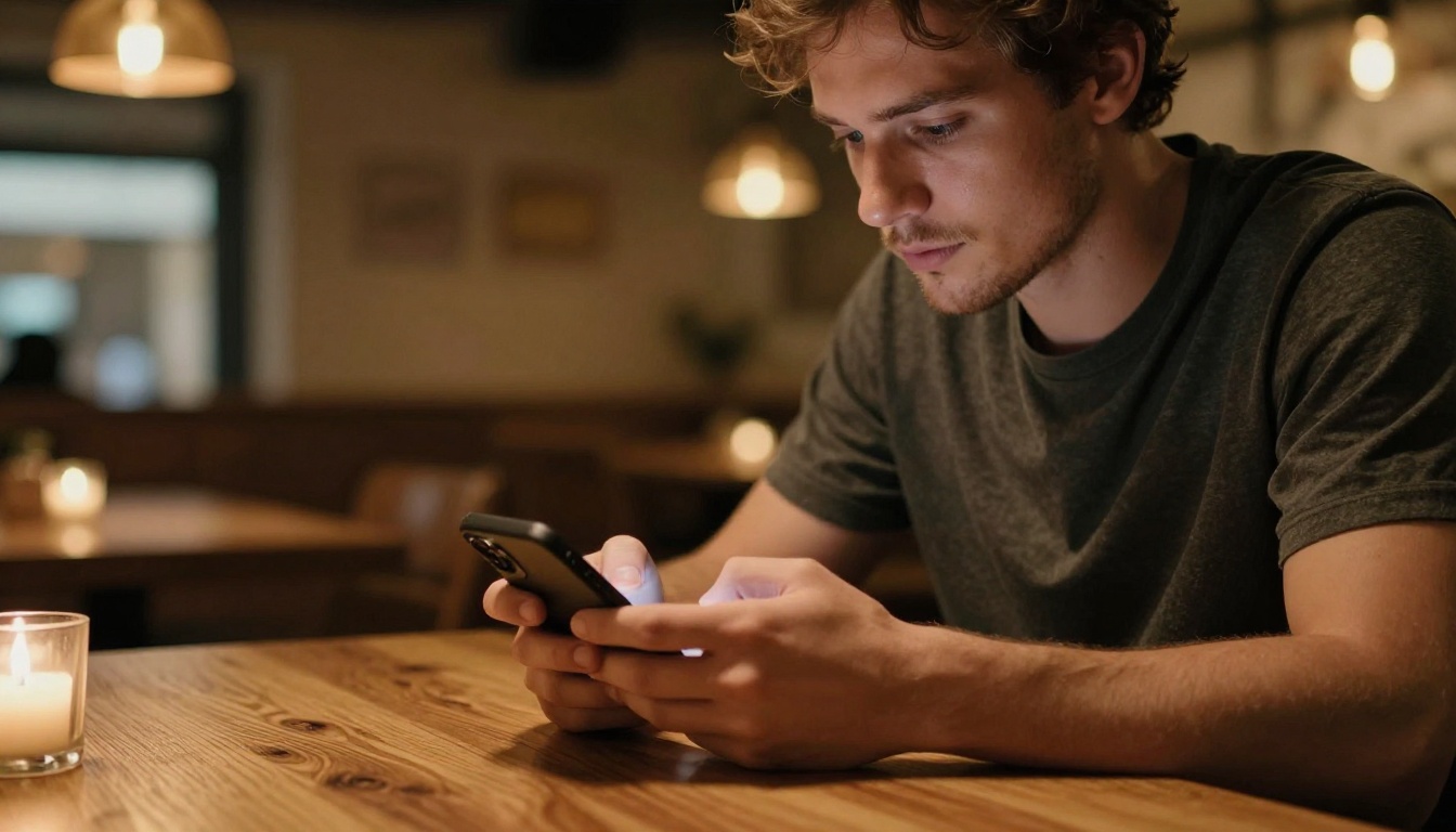 A young man scrolling through an interactive flipbook menu on his phone at a warm restaurant