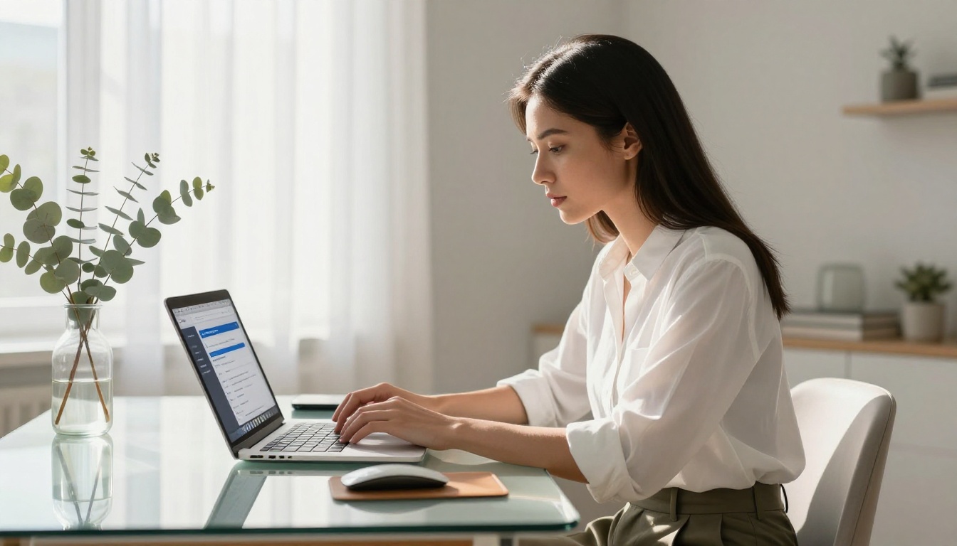 Stylish woman composing a professional email with a clean flipbook link highlighted on a MacBook in a bright home office