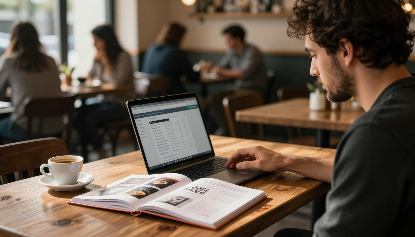 Man with dark wavy hair working at wooden café table with laptop showing seller dashboard and open printed catalog beside him, afternoon window light, 35mm f/1.8 lens, Kodak Portra 400 grain