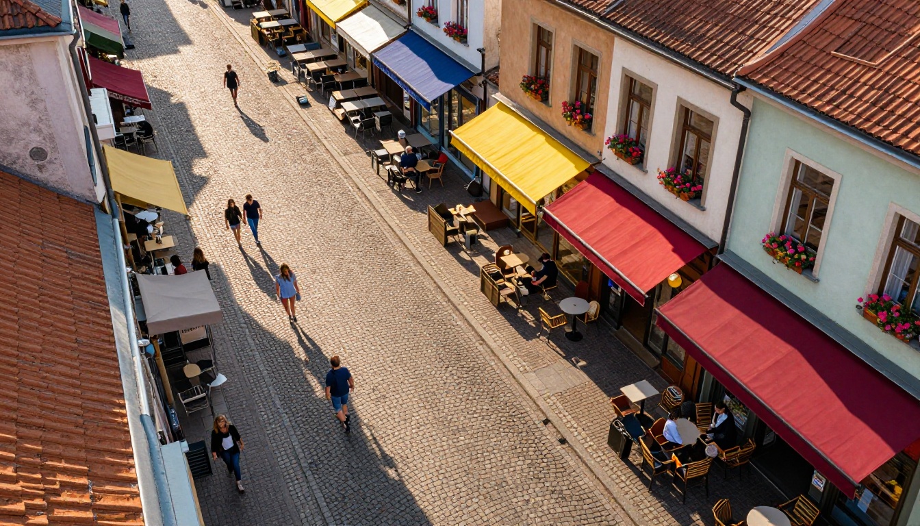 Aerial view of a colorful pedestrian shopping street lined with local small businesses