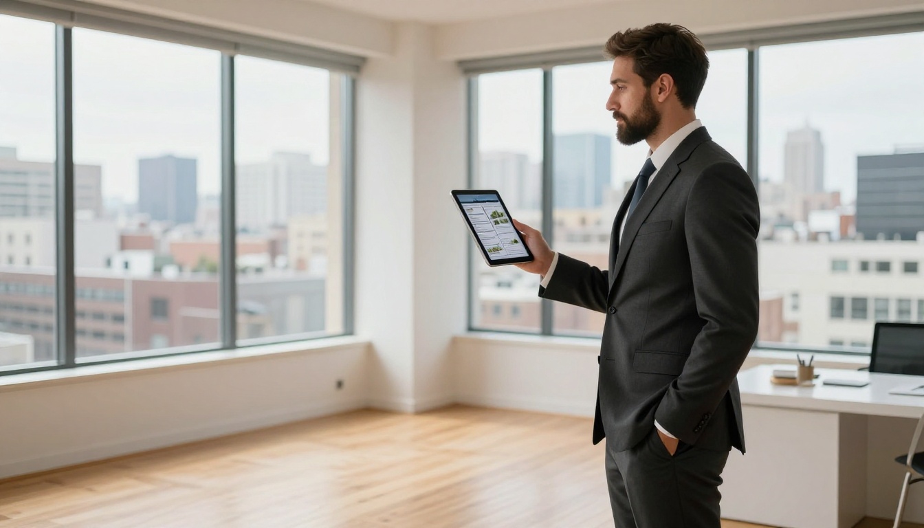 Real estate agent in a charcoal suit holding a tablet showing a digital property brochure in a bright modern apartment with city views