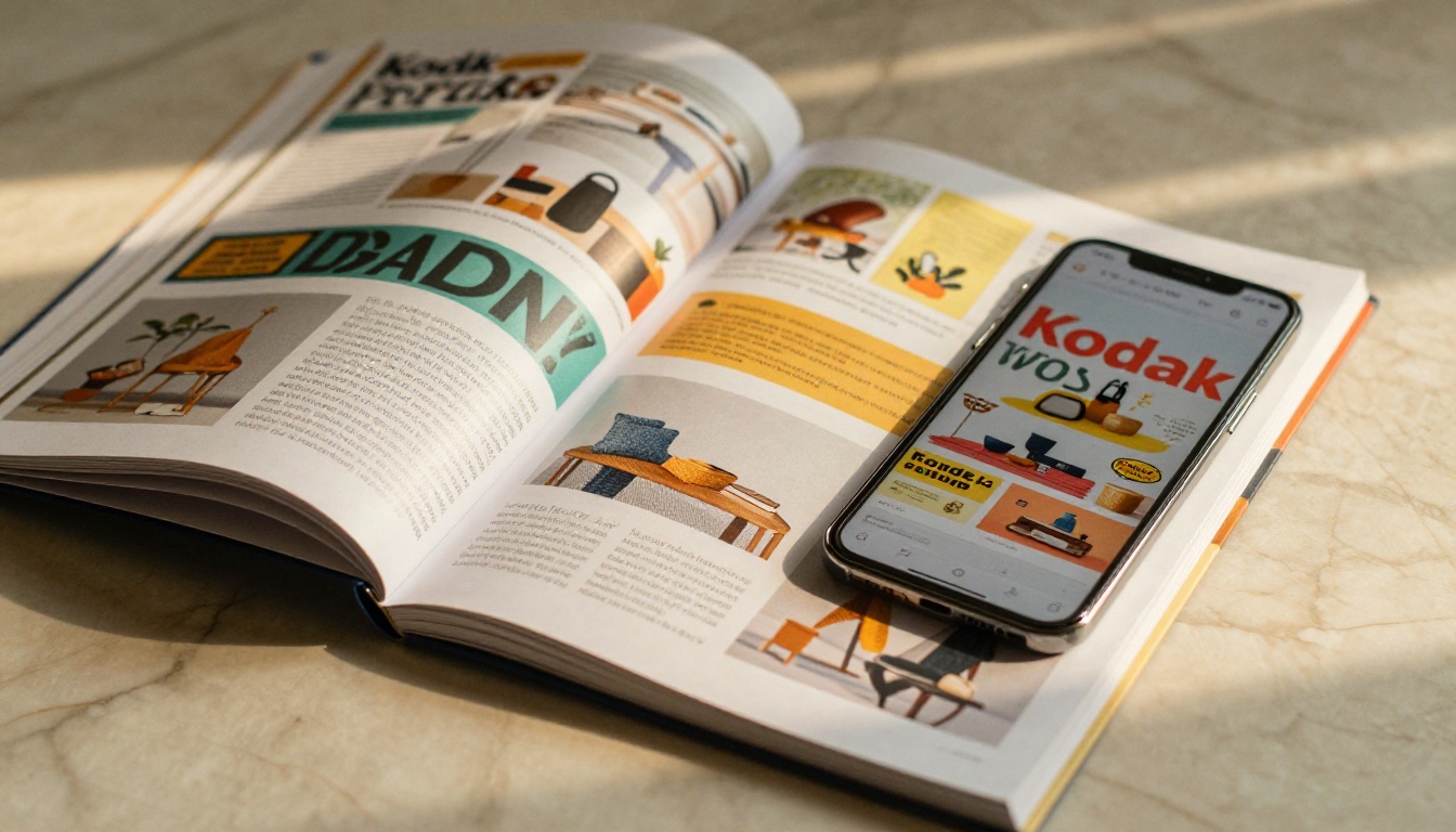 Colorful printed product catalog open on warm marble surface beside smartphone showing digital version, warm directional window light from upper left, 100mm macro lens, Kodak Portra 400 grain