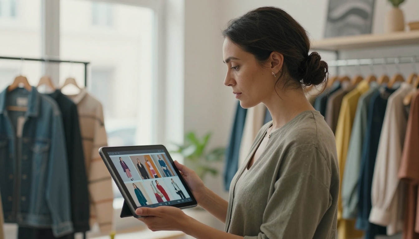 A woman in a clothing boutique holds a tablet displaying a vibrant digital catalog flipbook
