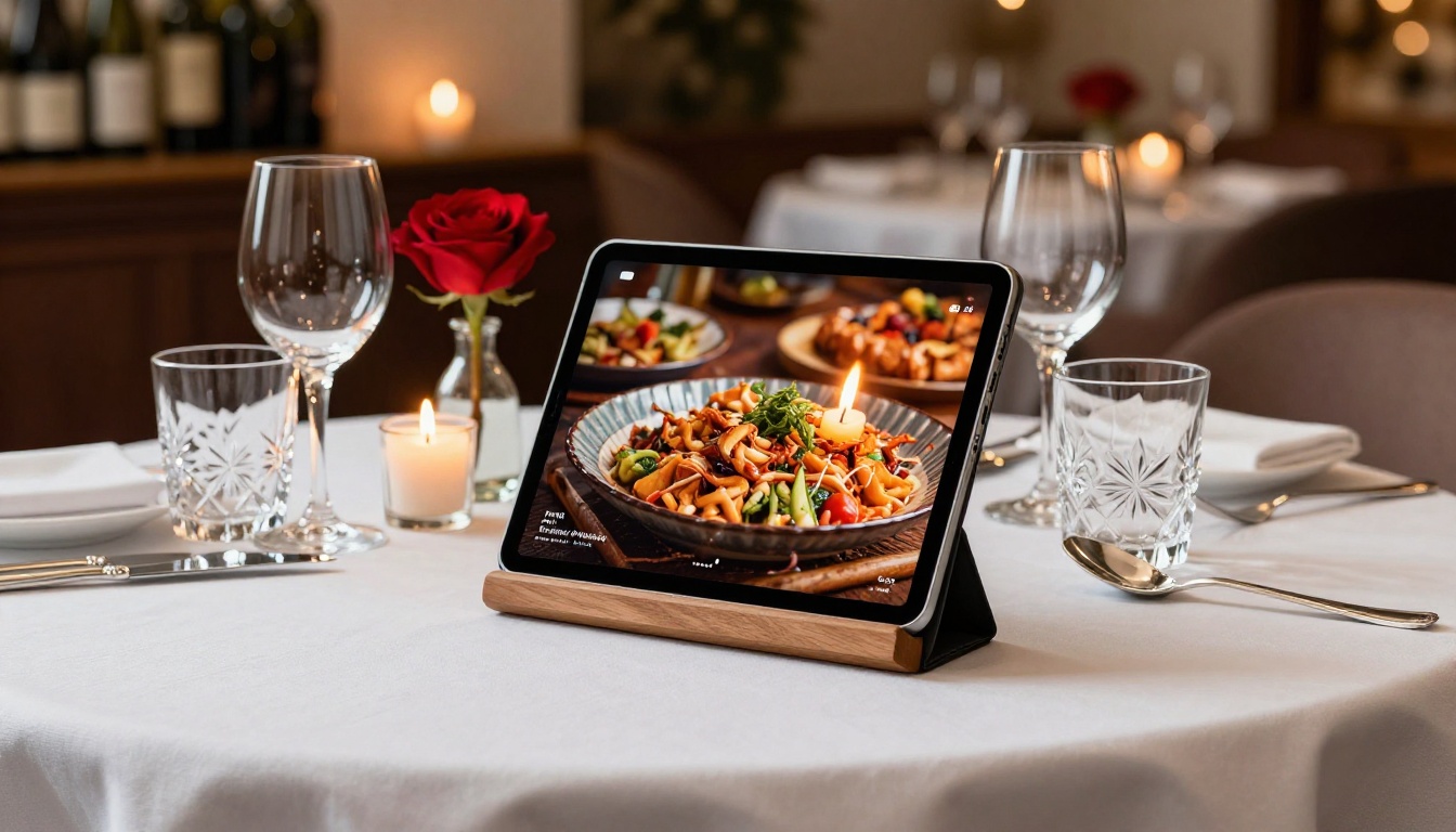 Elegant restaurant dining table with an iPad displaying a digital menu flipbook in warm candlelight