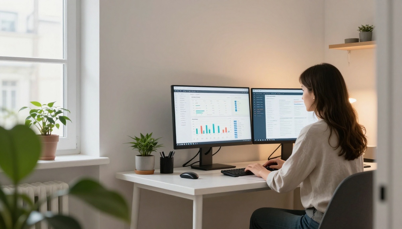 Woman reviewing marketplace analytics and digital catalog on dual monitors in modern Scandinavian home office, soft afternoon window rim light, indoor plants in foreground, 24mm lens
