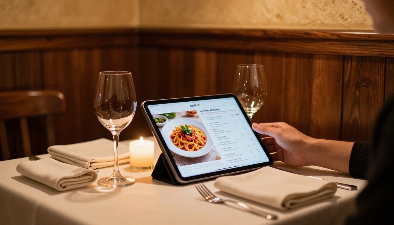 A restaurant dining table set for two with an iPad displaying a flipbook menu in candlelight