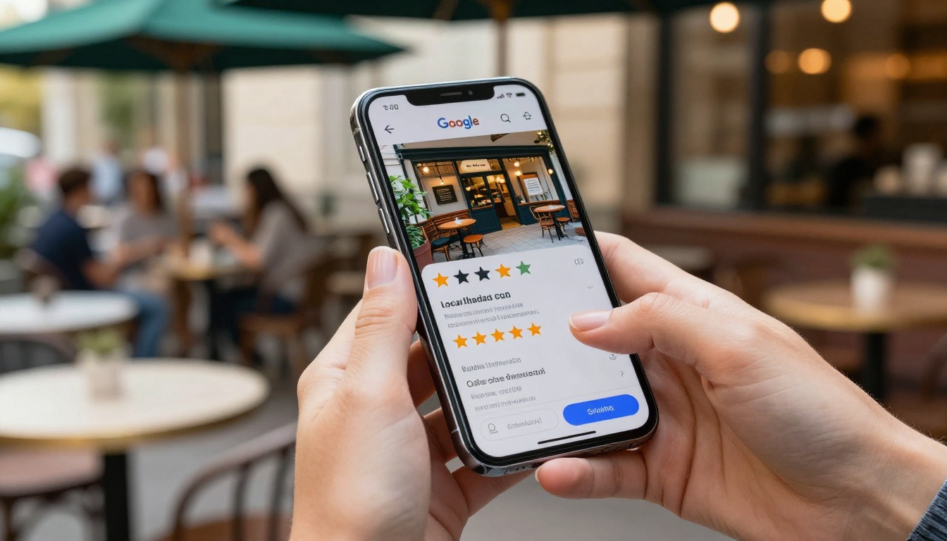 Hands holding a smartphone displaying a local coffee shop listing on Google Maps