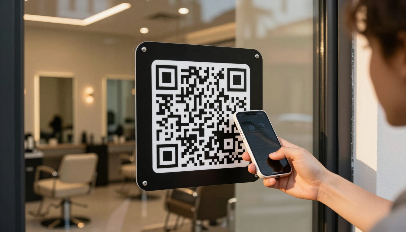 A QR code sticker on a salon glass door with someone scanning it on their phone