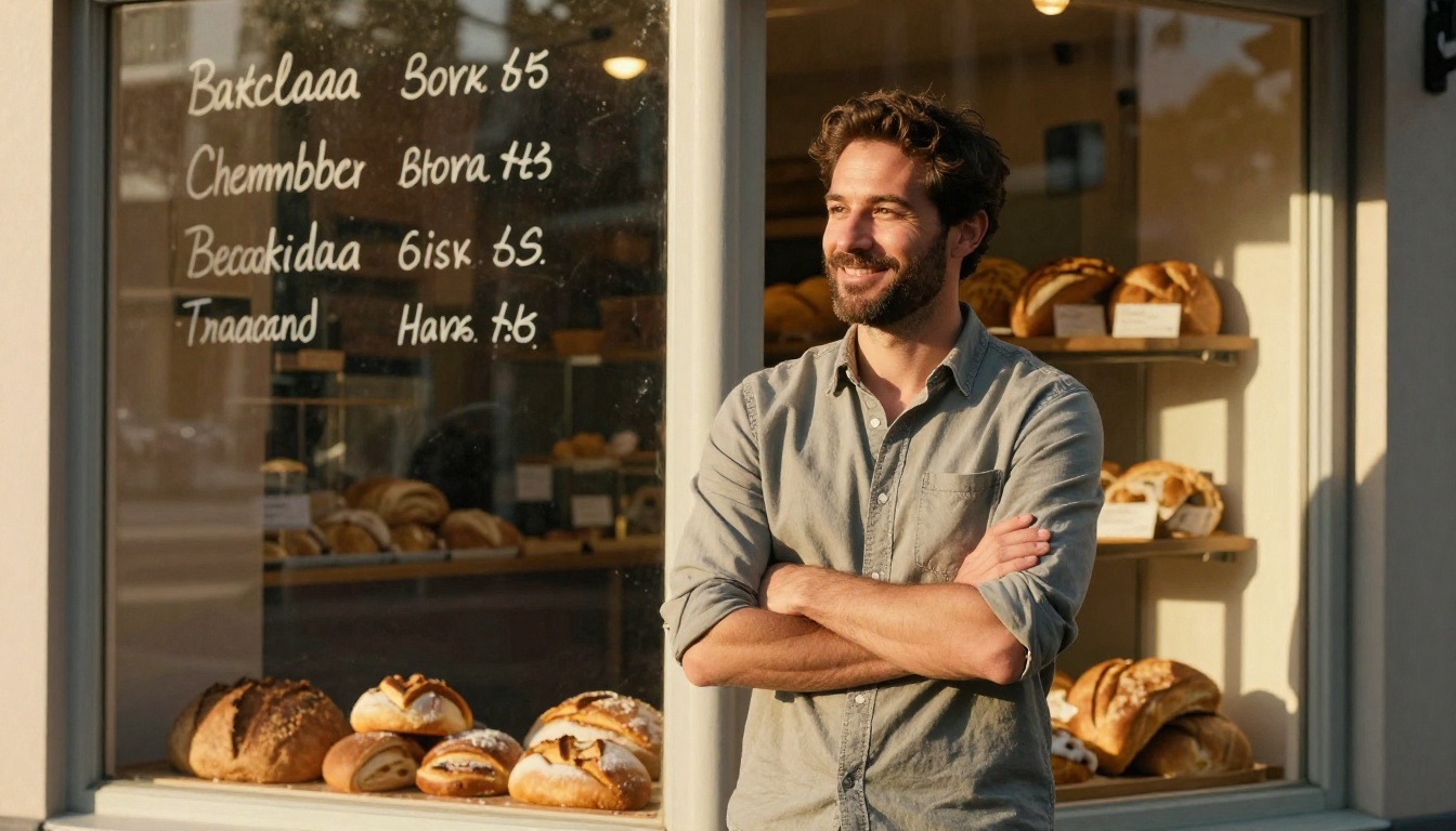 A confident bakery owner stands in front of his storefront in warm late afternoon sunlight