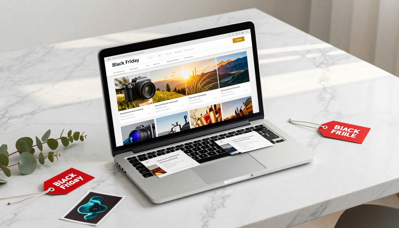 Digital flipbook catalog on laptop flat-lay with Black Friday accessories
