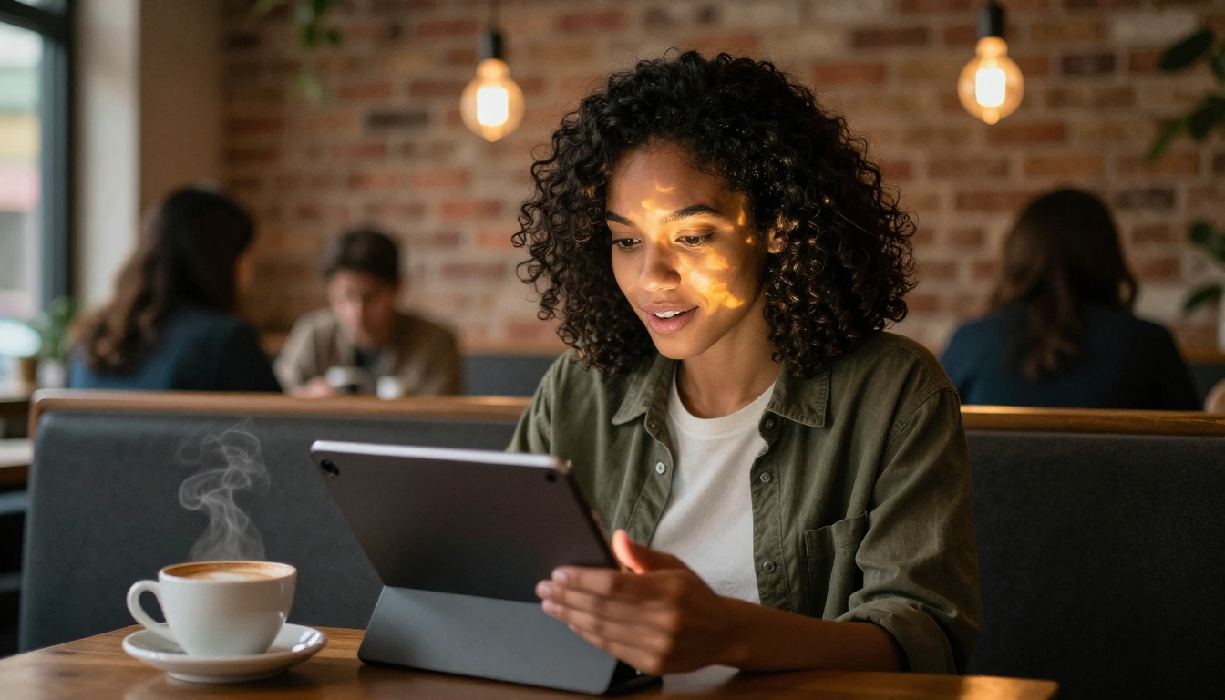 Young woman browsing digital catalog on iPad in cozy coffee shop