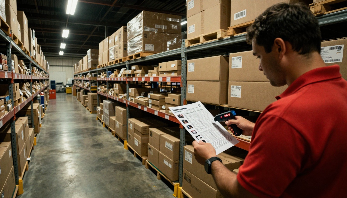 Black Friday warehouse worker cross-referencing product catalog with fulfillment orders Black Friday warehouse worker cross-referencing product catalog with fulfillment orders