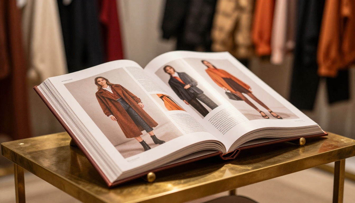 Fashion lookbook catalog on brass display stand in boutique with warm lighting