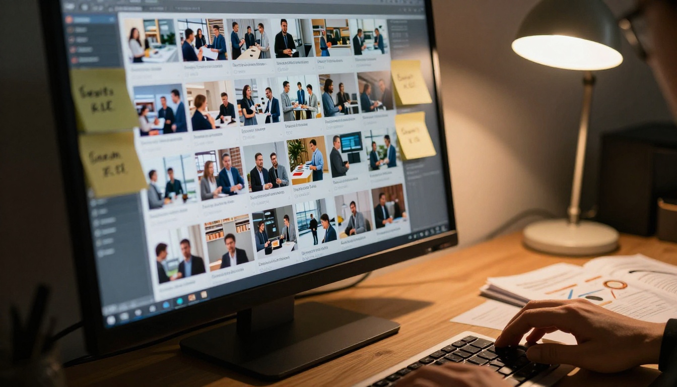 Marketing professional at workspace with flipbook analytics interface on screen