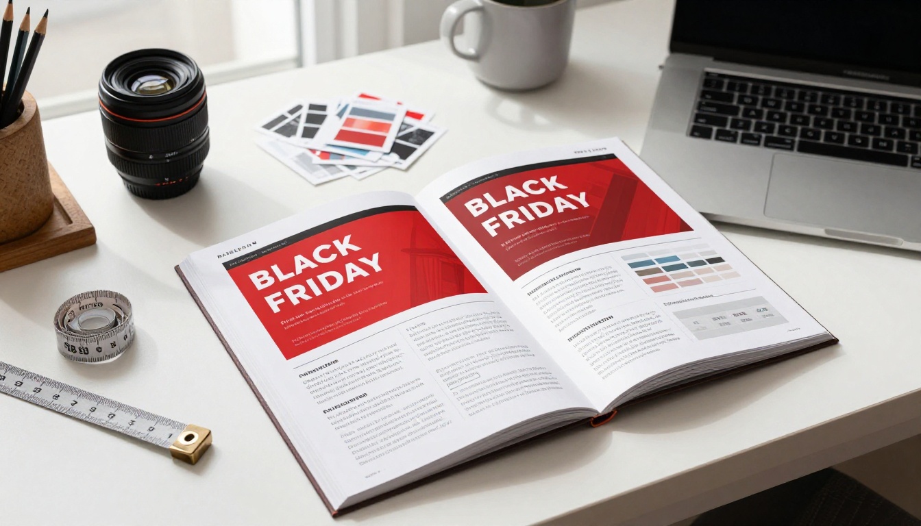 Small business owner reviewing Black Friday catalog design mockup alongside digital flipbook version Small business owner reviewing Black Friday catalog design mockup alongside digital flipbook version