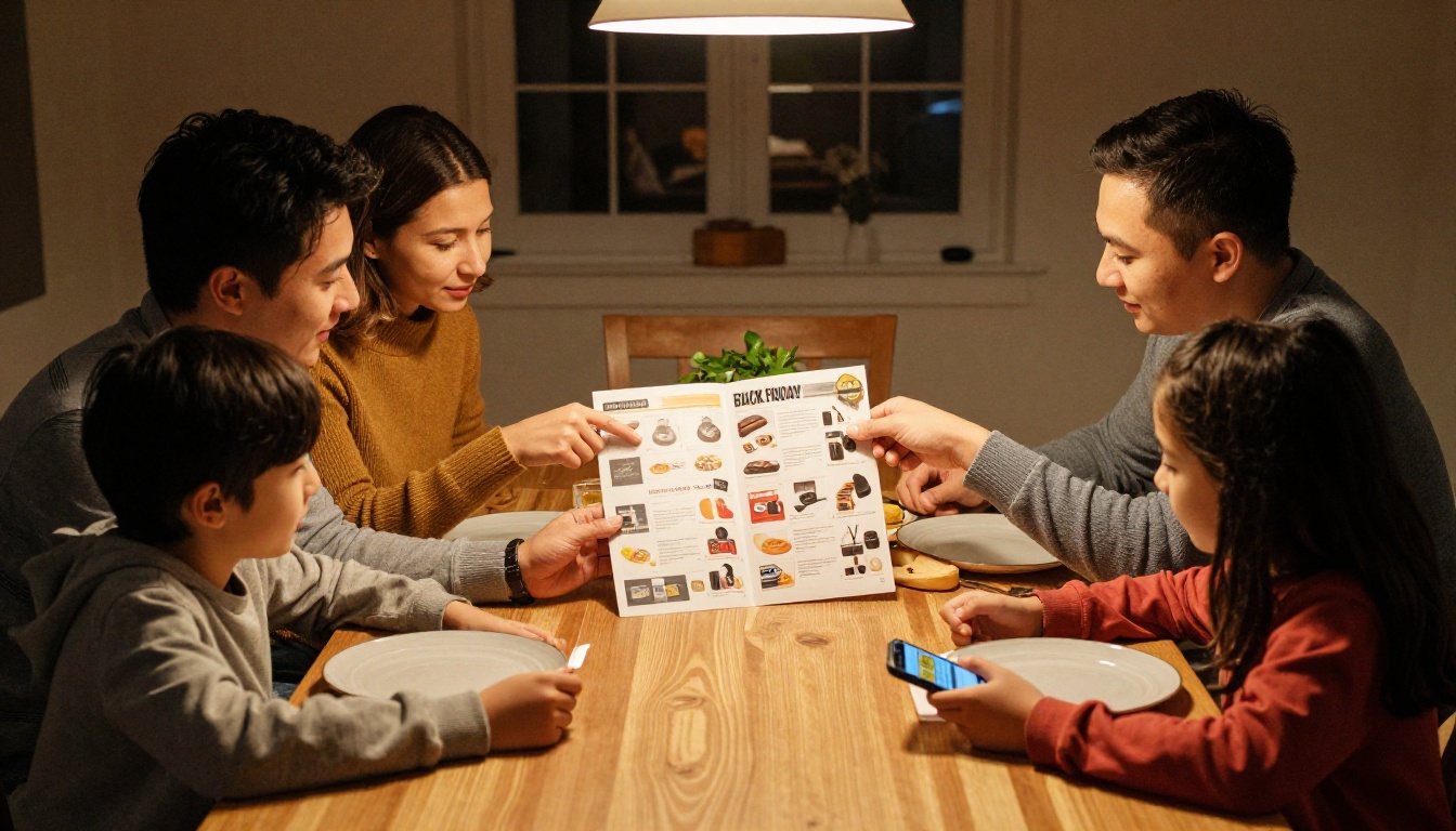 Family gathered around dining table sharing printed Black Friday catalog on a cozy evening Family gathered around dining table sharing printed Black Friday catalog on a cozy evening