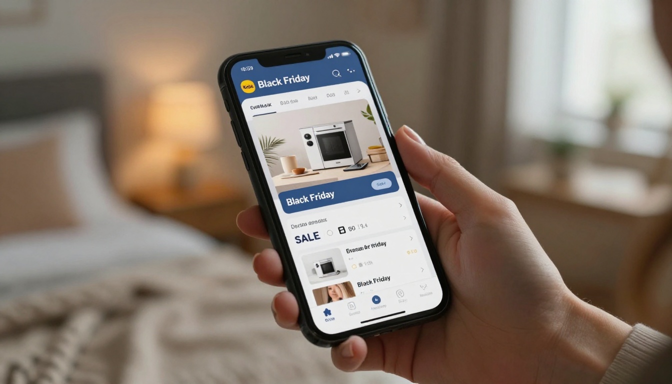 Woman holding smartphone displaying digital Black Friday catalog in cozy home setting Woman holding smartphone displaying digital Black Friday catalog in cozy home setting