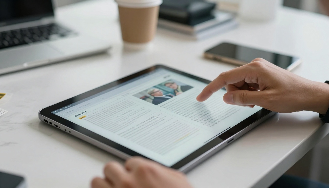 Journalist reviewing digital media kit on tablet in newsroom