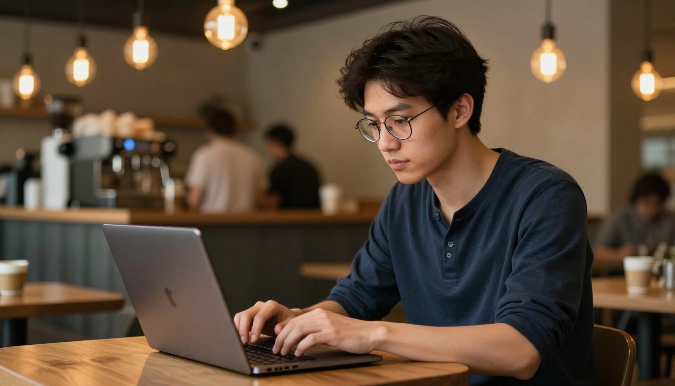 Blogger typing pitch email in Scandinavian-style cafe