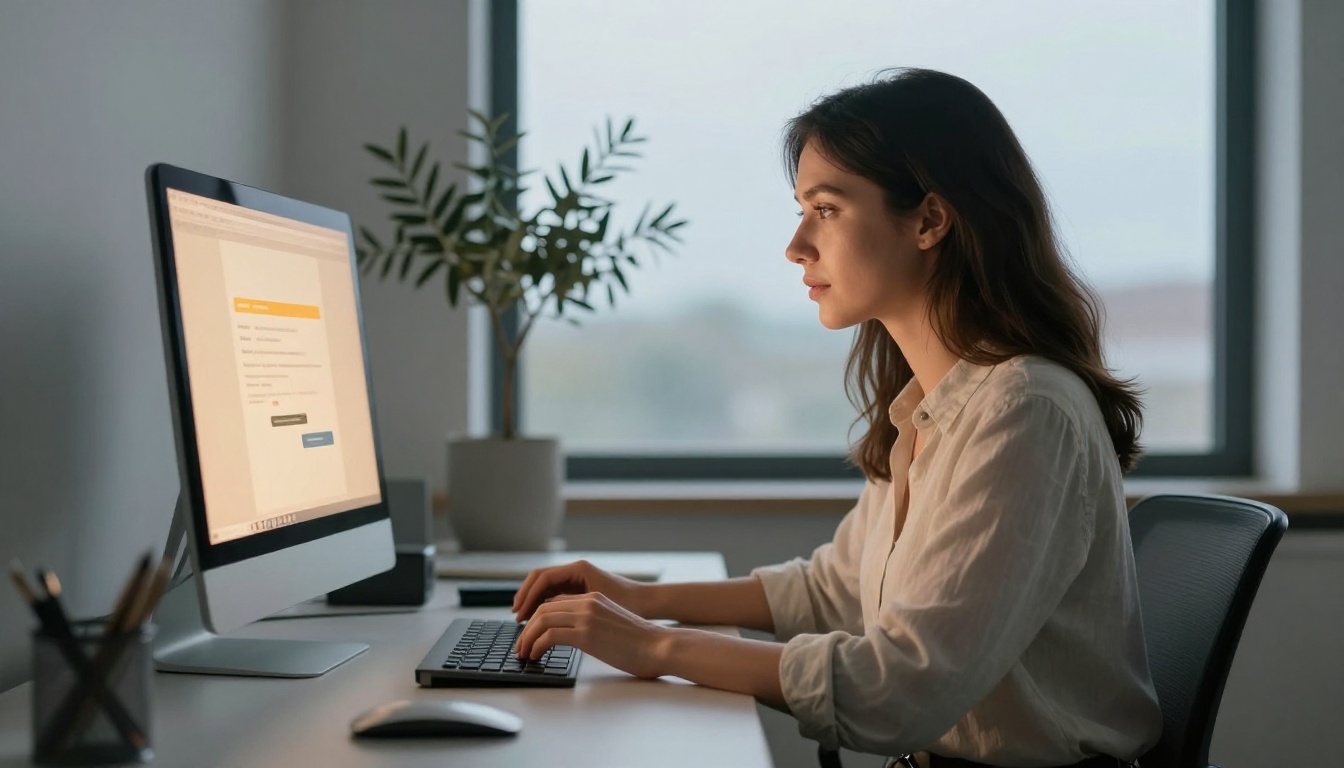 Woman composing pitch email at desktop in modern office