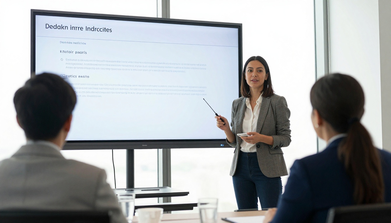PR professional presenting digital flipbook on conference room screen