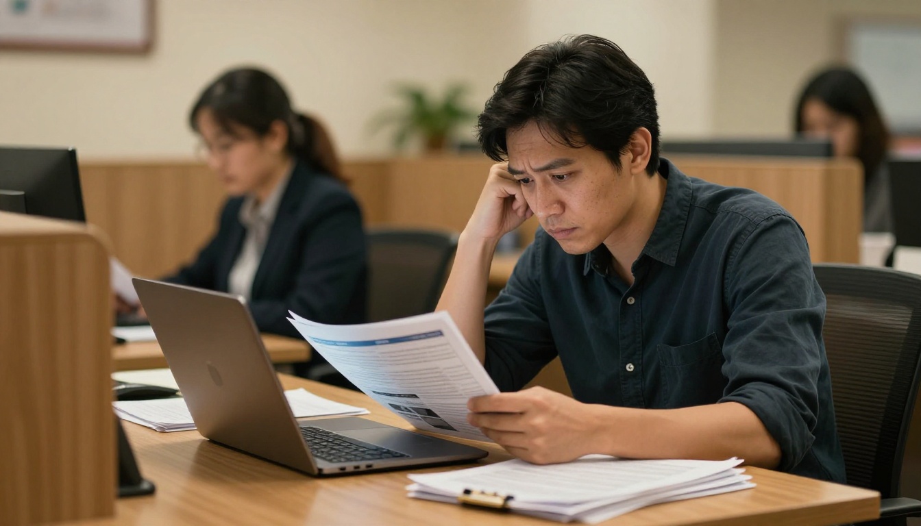 Journalist at newsroom desk reading digital media kit on laptop