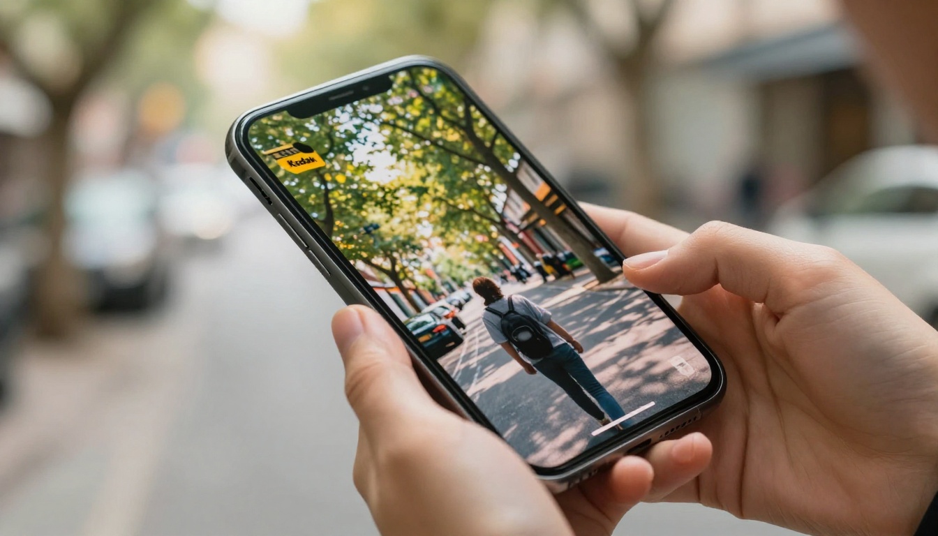Smartphone showing flipbook magazine cover outdoors with blurred urban background