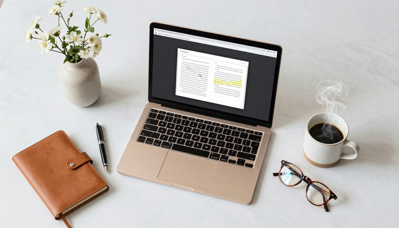 Aerial flat-lay of MacBook, notebook, coffee, and flowers on marble desk
